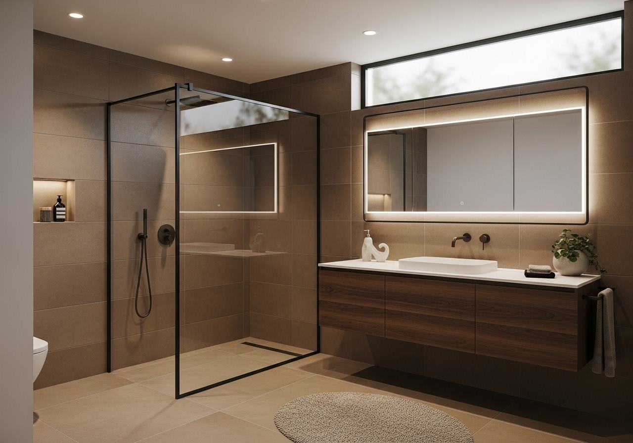 Brązowa łazienka – naturalne drewno i ciepłe barwy w aranżacji