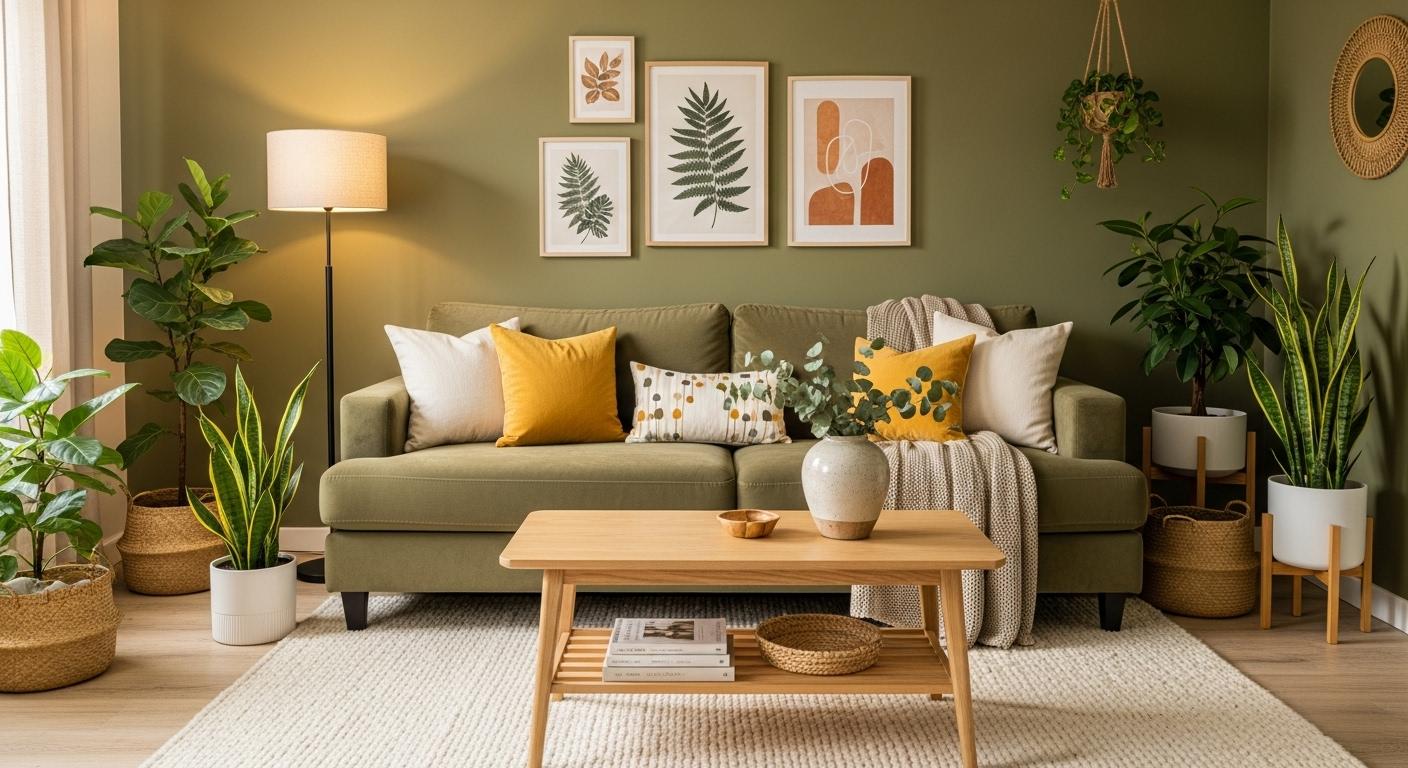 Oliwkowy salon – jak urządzić wnętrze w modnym odcieniu zieleni?